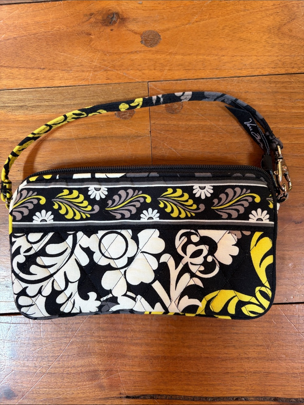 Vera Bradley Black White and Yellow Floral Quilted Wristlet